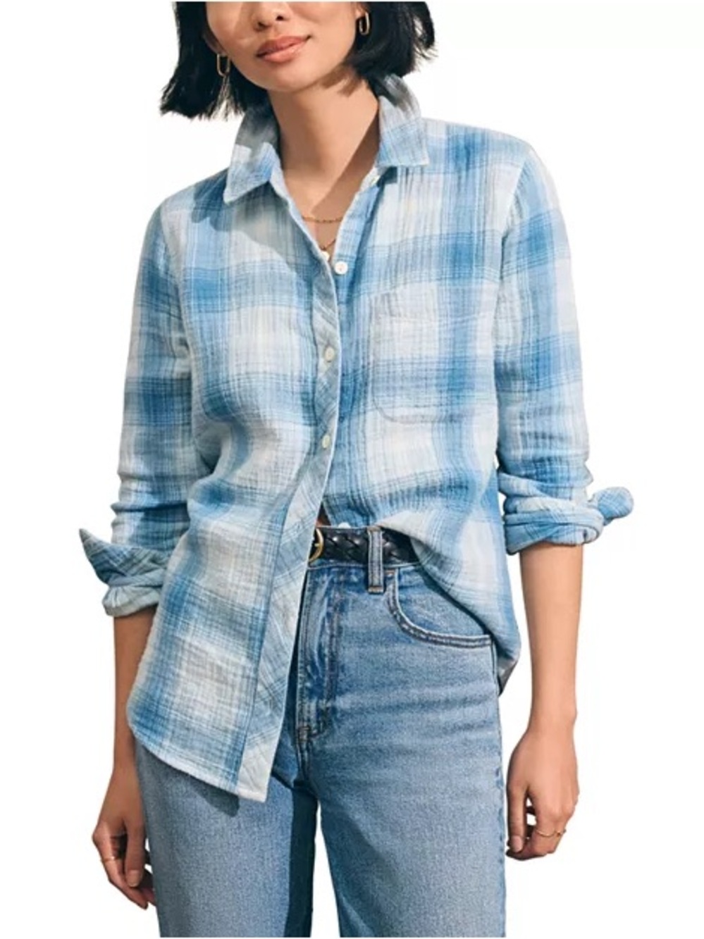 FAHERTY Indigo Malibu Plaid Flannel Organic Cotton Button Shirt L Beach Surf
